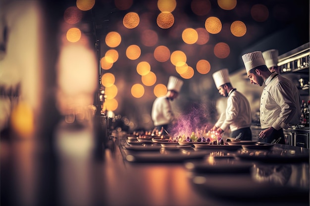 Professionelle Küche mit Köchen, die Restaurantküche mit schönen Lichtern und leckerem Essen kochen