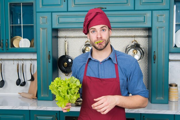 Professionelle Küche. Traditionelle Küche. Mann am Küchenkonzept. Gehen Sie grün. Gut aussehender Koch in der Küche. Koch nach Rezept. Abendessen mit traditionellem Rezept kochen. Essen zubereiten. Gesundes Essen.