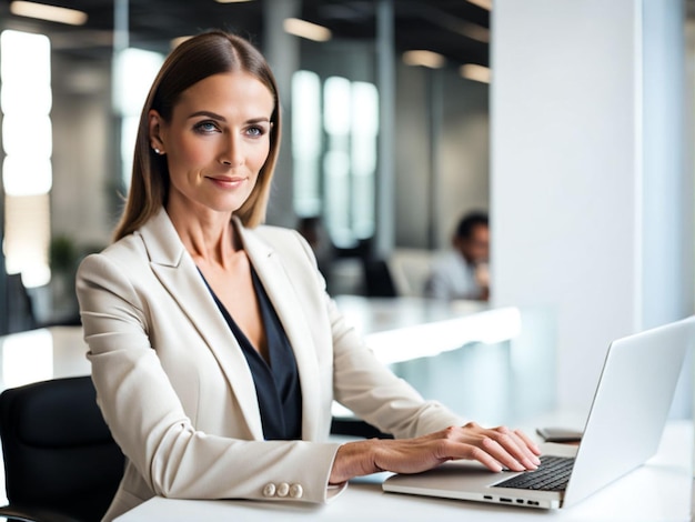 Professionelle Mitarbeiterin oder Geschäftsfrau benutzt einen Laptop in einem modernen Büro