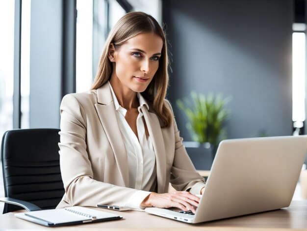 Professionelle Mitarbeiterin oder Geschäftsfrau benutzt einen Laptop in einem modernen Büro