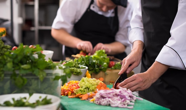 Professionelle Teamköche und Köche bereiten Mahlzeiten in der geschäftigen Hotel- oder Restaurantküche zu