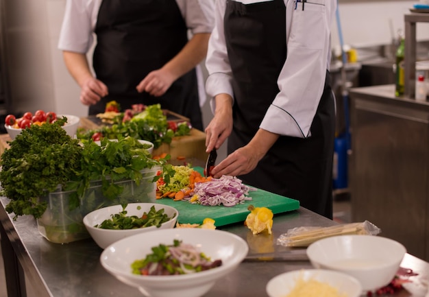 Professionelle Teamköche und Köche bereiten Mahlzeiten in der geschäftigen Hotel- oder Restaurantküche zu