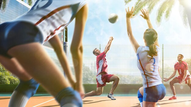 Professionelle Volleyballspieler im Sonnenschein