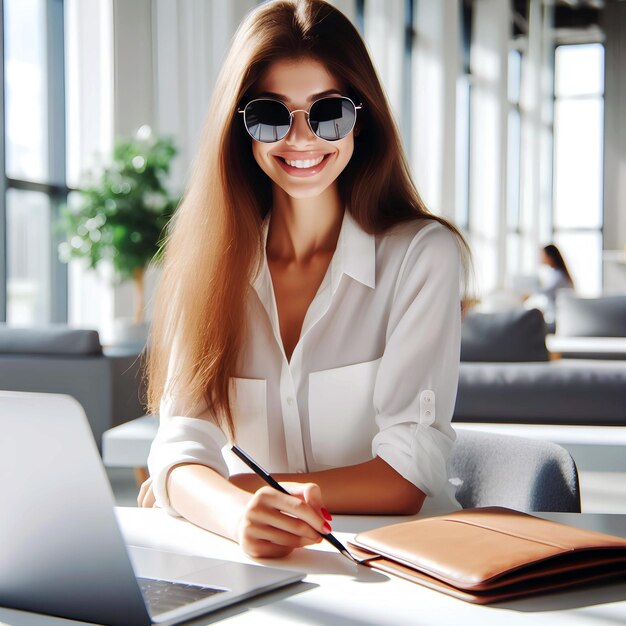 Professionelle weibliche Arbeitnehmerin lächelt mit Sonnenbrille, Mitarbeiterin oder Geschäftsfrau arbeitet mit einem Laptop