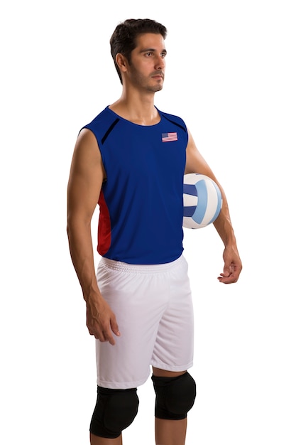 Professioneller amerikanischer Volleyballspieler mit Ball. Auf weißem Raum isoliert.