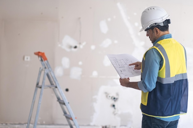 Professioneller Architekt zeigt mit dem Finger auf Zeichenpapier in der Hand