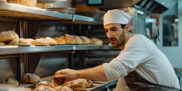 Professioneller Bäcker bei der Arbeit in einer Bäckerei, der frisches Brot arrangiert, handwerklicher Bäckprozess, der das tägliche Leben in einer Bäckerie erfasst, KI