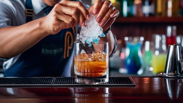 Professioneller Barkeeper, der zerquetschtes Eis in das Glas steckt