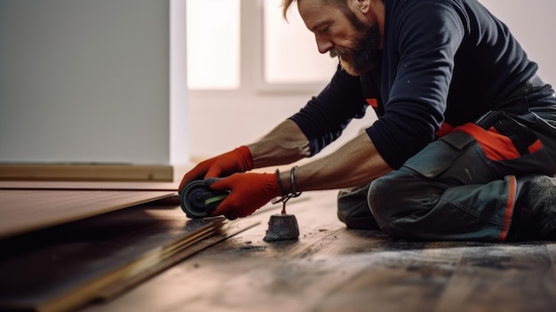 Professioneller Bauunternehmer, der zu Hause Laminatböden verlegt