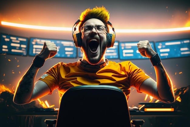 Professioneller E-Sports-Gamer freut sich über den Sieg. Nicht existierende Person in Generative AI digital il