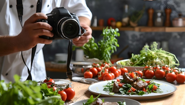 Professioneller Fotograf, der ein Foto macht, während ein Food Stylist eine Komposition mit Fleischmedallion im Studio dekoriert