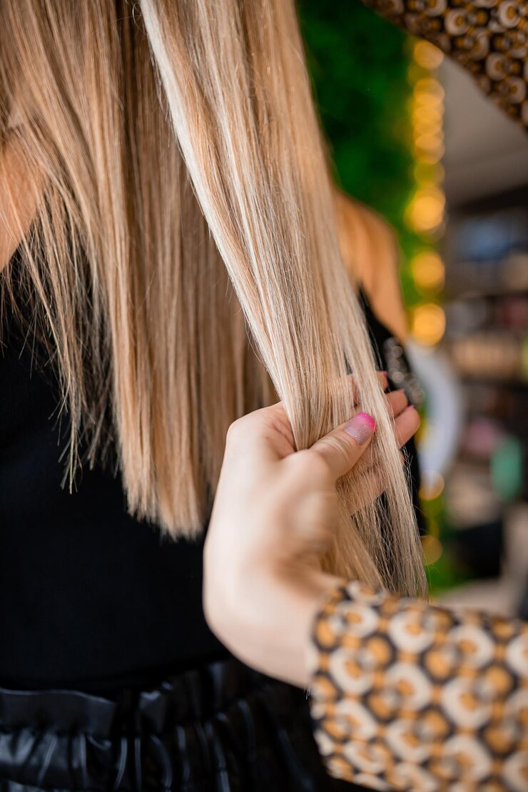 Foto professioneller friseur, der blondes haar für verlängerungen in einem schönheitssalon vorbereitet