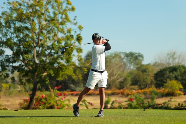 Professioneller Golfspieler auf einem Golfplatz Profi-Golfspieler nimmt einen Schuss