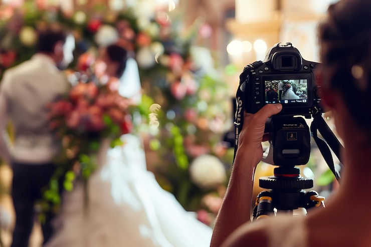 Foto professioneller hochzeitsfotograf, der die intimen, herzerwärmenden momente eines paares dokumentiert