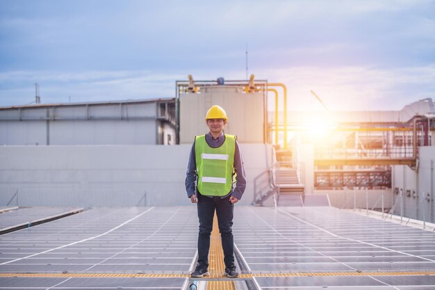 Professioneller Ingenieur für Solarenergie, der im Solarkraftwerk arbeitet