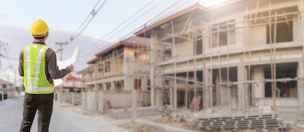 professioneller ingenieur in schutzhelm und blaupausenpapier auf der baustelle des hausbaus