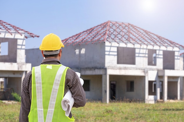 professioneller ingenieur in schutzhelm und blaupausenpapier auf der baustelle des hausbaus