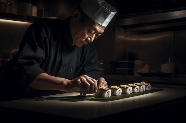 Professioneller japanischer Koch mit generativer KI, der Sushi zubereitet