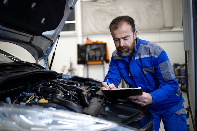 Professioneller kaukasischer Automechaniker mittleren Alters mit Checkliste, die neben dem Motorbereich des Fahrzeugs mit offener Motorhaube steht und eine Fehlfunktion erkennt.