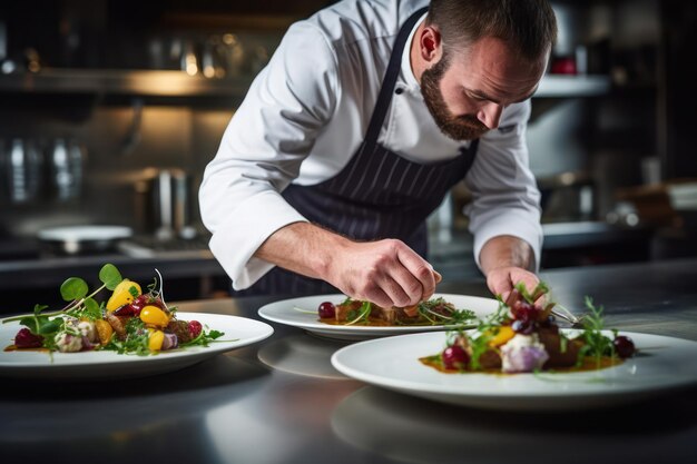 Foto professioneller kaukasischer koch in der küche, der köstliche gourmet-salate mit fachwissen herstellt