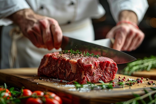 Professioneller Koch, der frisches Steak für Gourmet-Mahlzeiten zubereitet