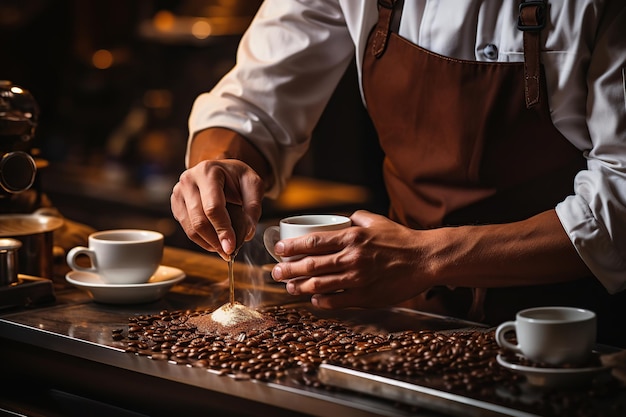 Professioneller männlicher Barista, der Kaffee zubereitet KI generiert