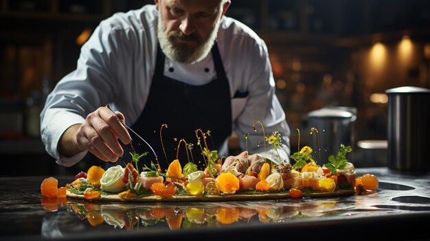 Foto professioneller männlicher koch, der essen in der küche zubereitet