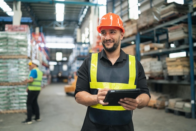 Professioneller Manager-Mann-Mitarbeiter lächelt mit Tablet-Check-Beständen, die im Lager arbeiten Arbeiter, die gut sichtbare Kleidung und einen Schutzhelm tragen, prüfen und zählen Waren oder Kisten für die Lieferung