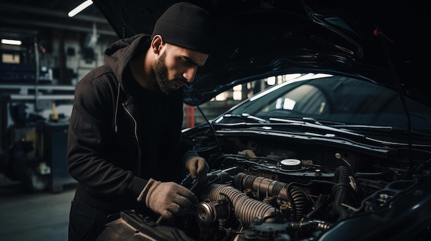 Professioneller Mechaniker in der Werkstatt, die einen Automotor wartet. Generative KI