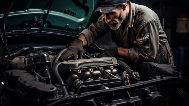 Professioneller Mechaniker in der Werkstatt, die einen Automotor wartet. Generative KI