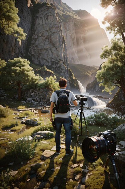 Professioneller Naturfotograf mit einer Kamera im Wald