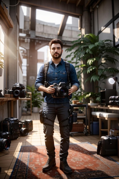 Professioneller Naturfotograf mit einer Kamera im Wald