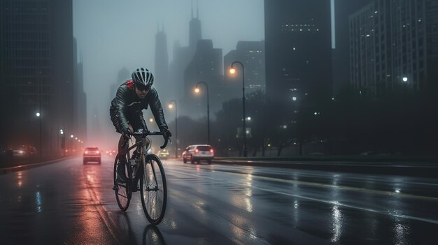 Professioneller Radfahrer bei Nebel und Dämmerung
