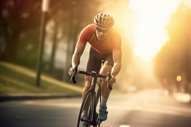 Professioneller Radfahrer mit Schutzhelm trainiert auf der Straße Generative KI