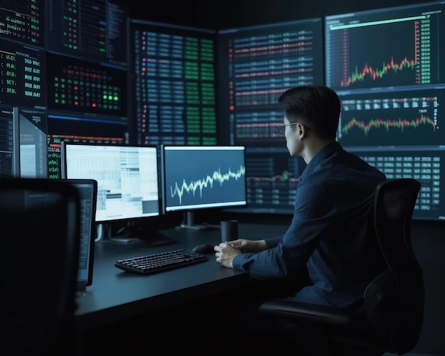 Professioneller Trader-Investor setzt sich auf den Schreibtisch und schaut sich die großen Trading-Chart-Bildschirme an