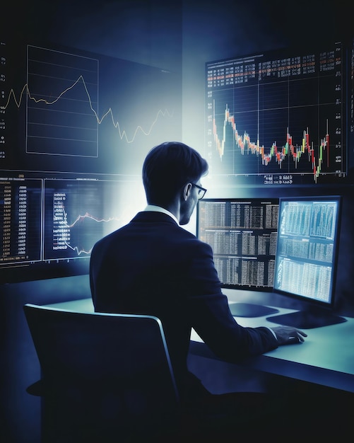 Professioneller Trader-Investor setzt sich auf den Schreibtisch und schaut sich die großen Trading-Chart-Bildschirme an