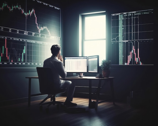 Professioneller Trader-Investor setzt sich auf den Schreibtisch und schaut sich die großen Trading-Chart-Bildschirme an