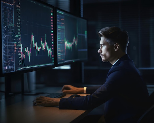 Professioneller Trader-Investor setzt sich auf den Schreibtisch und schaut sich die großen Trading-Chart-Bildschirme an