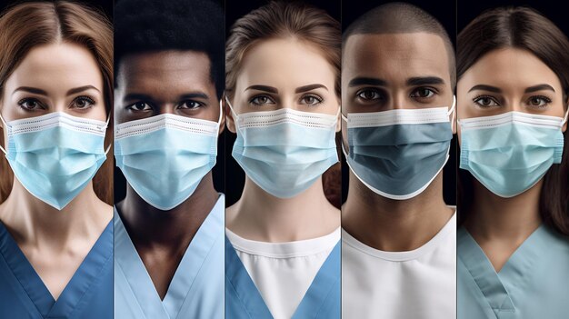 Foto professionelles ärzteteam in maske und uniform blickt auf die kameraarbeit im krankenhaus, die mit generativer ki-technologie erstellt wurde