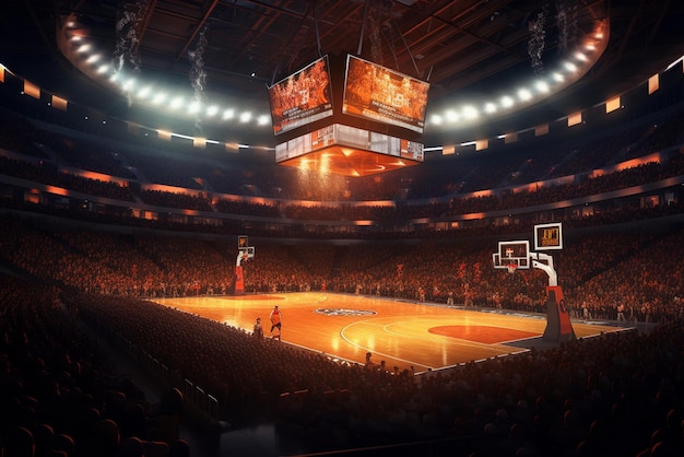 Foto professionelles basketballstadion in 3d mit animierten zuschauern