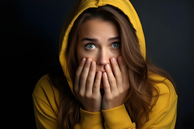 Foto professionelles foto einer schönen jungen dame in überraschter pose mit ausdrucksstarker gesichts- und körpersprache