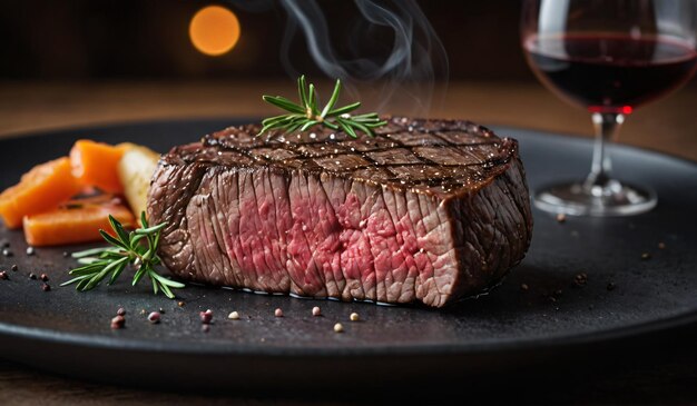 Professionelles Foto von Wagyu Steak, einem Glas Wein und einem bezaubernden Dampf, der von KI generiert wird