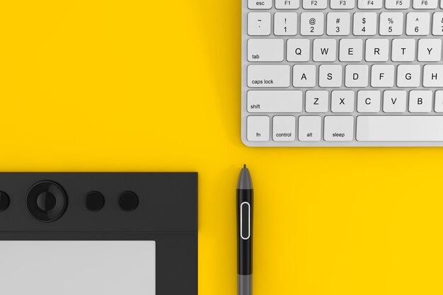 Professionelles Grafiktablett mit digitalisiertem Stift in der Nähe der Computertastatur auf gelbem Grund. 3D-Rendering