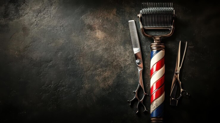 Foto professionelles logo-design mit rasierschere und kamm mit vintage-emblem-hintergrund für schönheitssalons und friseursalons
