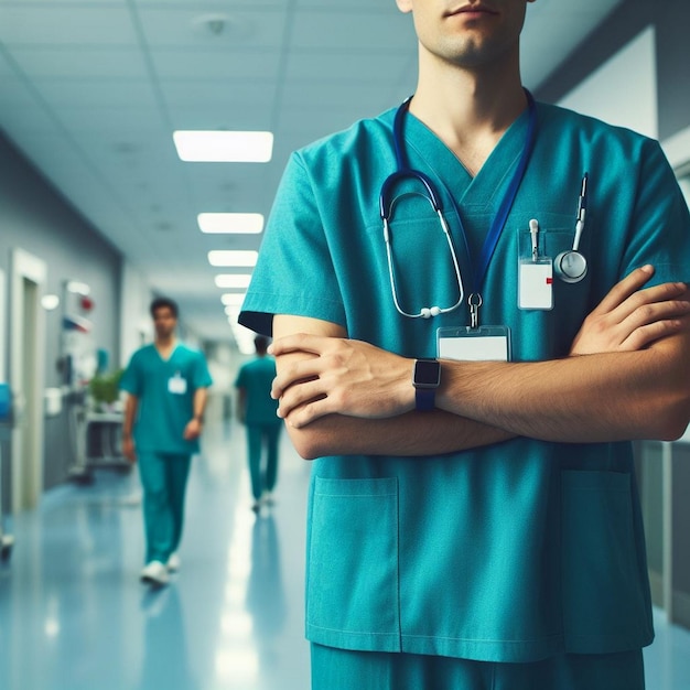 Professionelles medizinisches Personal im modernen Krankenhauskorridor