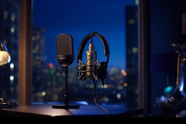 professionelles Mikrofon im Radiosenderstudio und auf dem Flugzeichen