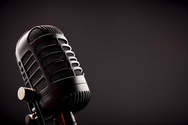 Foto professionelles mikrofon mit gelber sprachwellenform auf dunklem hintergrund tonstudio-aufnahme ai generiert