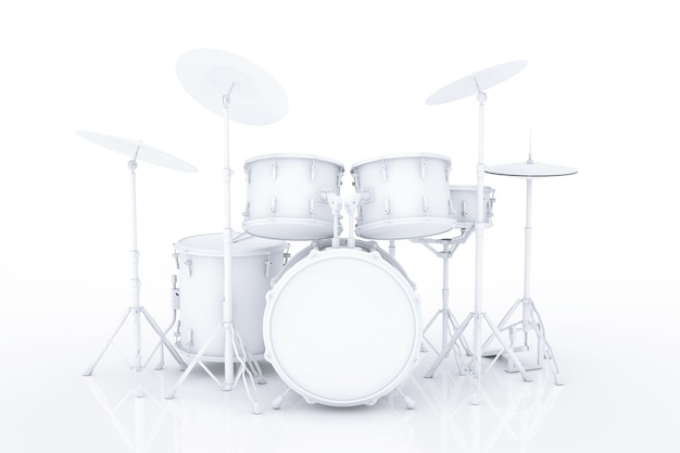Professionelles Rock-Drum-Kit im Clay-Stil auf weißem Hintergrund. 3D-Rendering