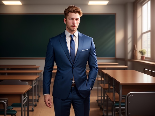 professor adulto e elegante com blazer azul em uma sala de aula