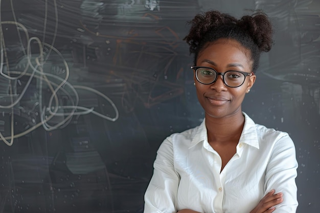 Professor afro-americano confiante com óculos vestindo uma camisa branca de pé na frente de um quadro em uma sala de aula